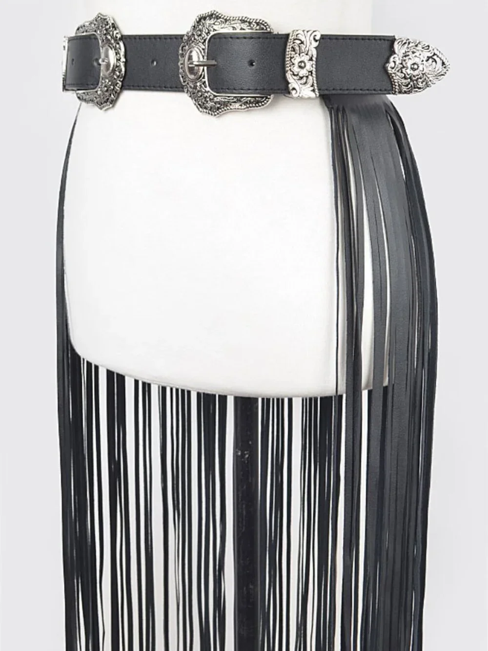 BNWT Boho Double Buckle Western Slash Faux Leather Long Fringe Belt